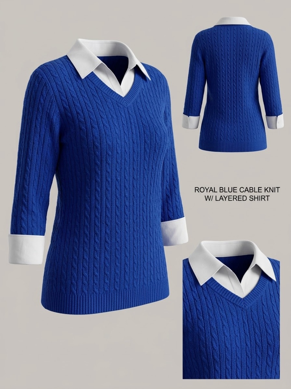 Notations Royal Blue Cable-Knit V-Neck Sweater with White Layered Shirt Detail